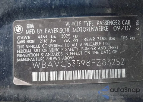 2008 BMW 328I from USA, damaged, VIN WBAVC53598FZ83252